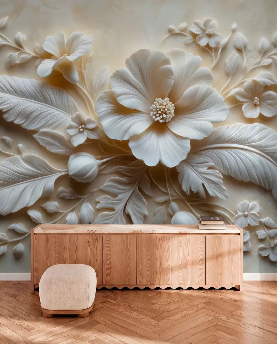 Carta da parati 3D Fiori Arte murale in rilievo 3D raffigurante piume e fiori, con un grande papavero nei colori beige n. w01340