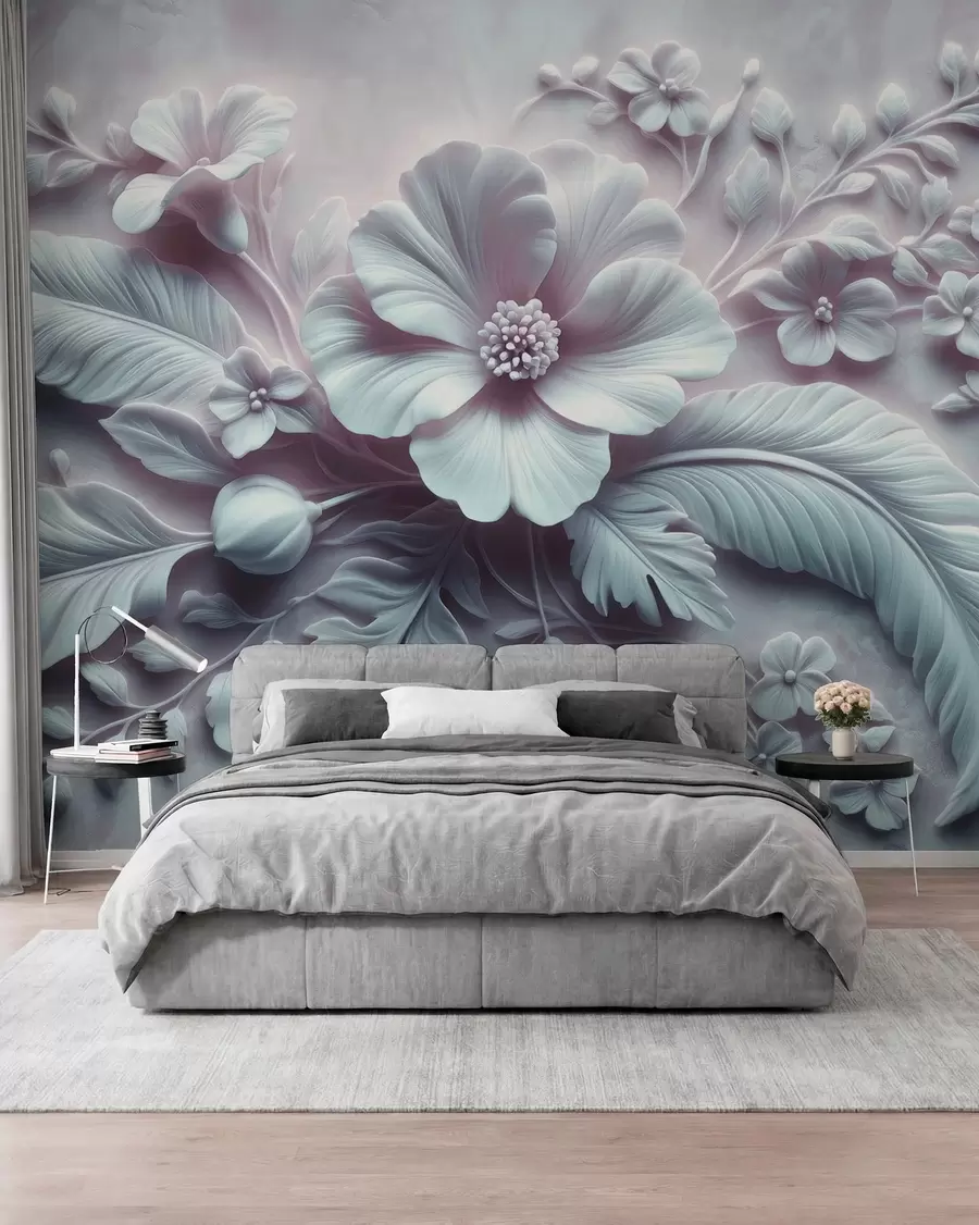 Carta da parati 3D Fiori Arte murale in rilievo 3D raffigurante piume e fiori, con un grande papavero nei colori azzurro chiaro n. w01340v2