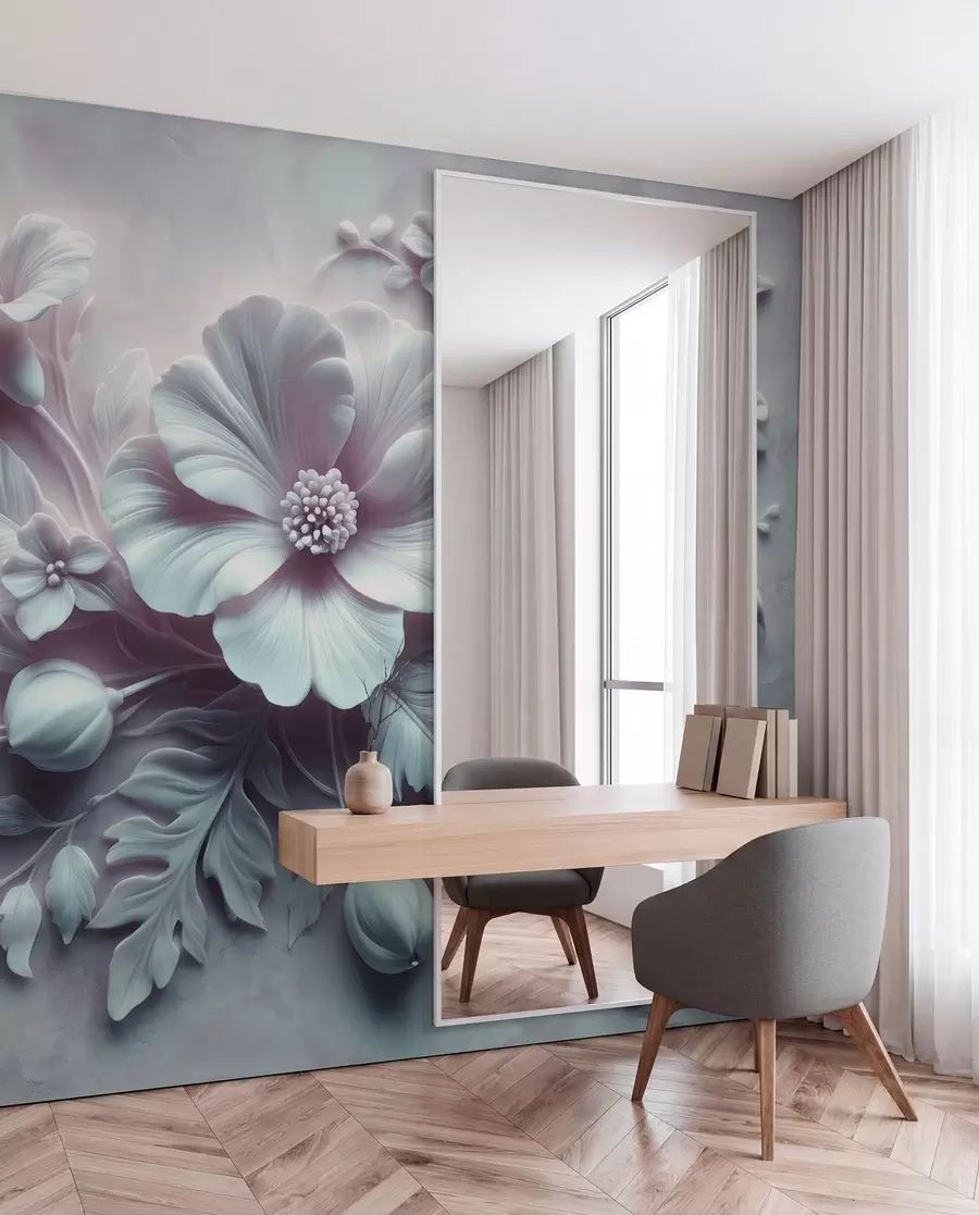 Carta da parati 3D Fiori Arte murale in rilievo 3D raffigurante piume e fiori, con un grande papavero nei colori azzurro chiaro n. w01340v2