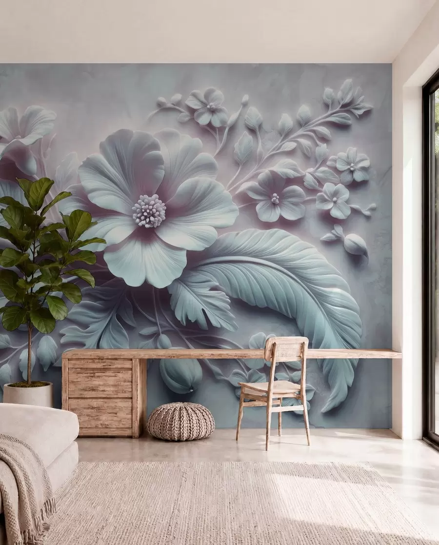 Carta da parati 3D Fiori Arte murale in rilievo 3D raffigurante piume e fiori, con un grande papavero nei colori azzurro chiaro n. w01340v2