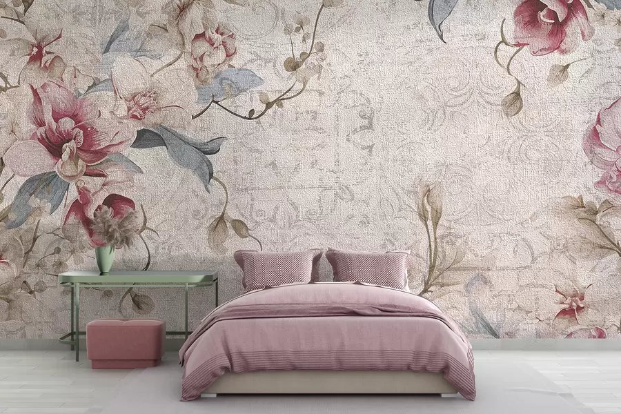 Carta da parati Floreale Un motivo floreale vintage con delicati fiori rosa e bianchi, foglie su uno sfondo beige chiaro n. w08149