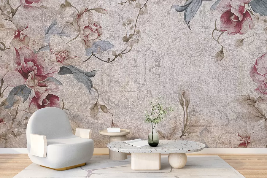 Carta da parati Floreale Un motivo floreale vintage con delicati fiori rosa e bianchi, foglie su uno sfondo beige chiaro n. w08149