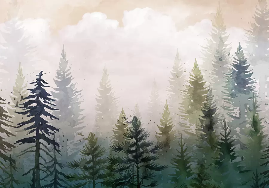 Carta da parati nature Foresta di alti pini sempreverdi in un ambiente nebbioso e pieno di nuvole soffici e nebbiose 