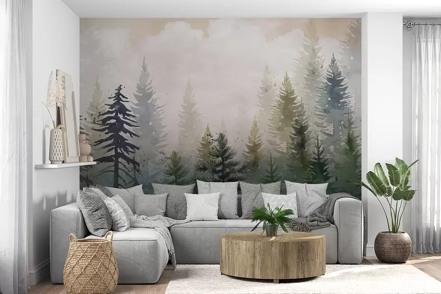 Carta da parati nature Foresta di alti pini sempreverdi in un ambiente nebbioso e pieno di nuvole soffici e nebbiose 