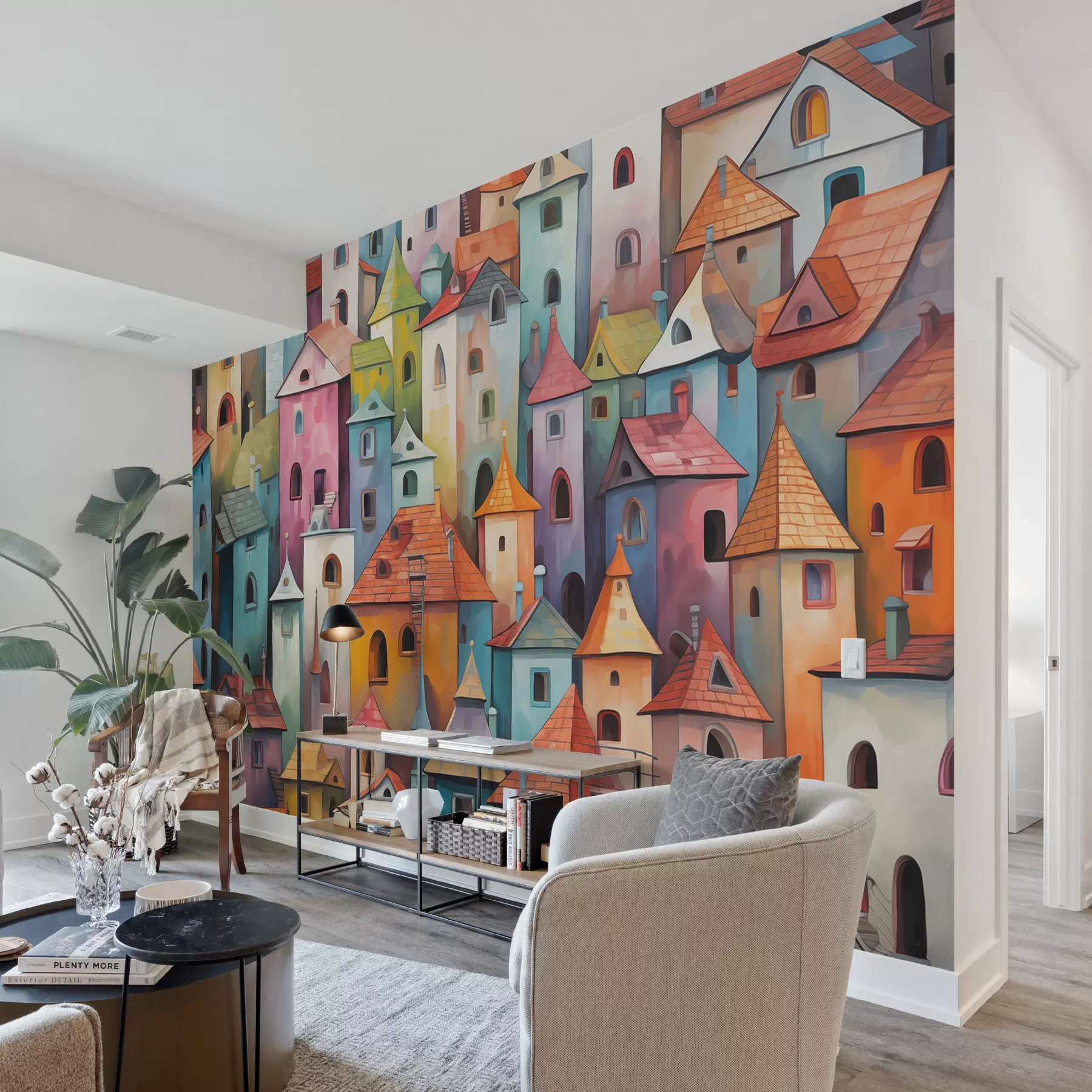 Carta da parati 3D Case colorate e luminose imitazione pittura con pennellate 