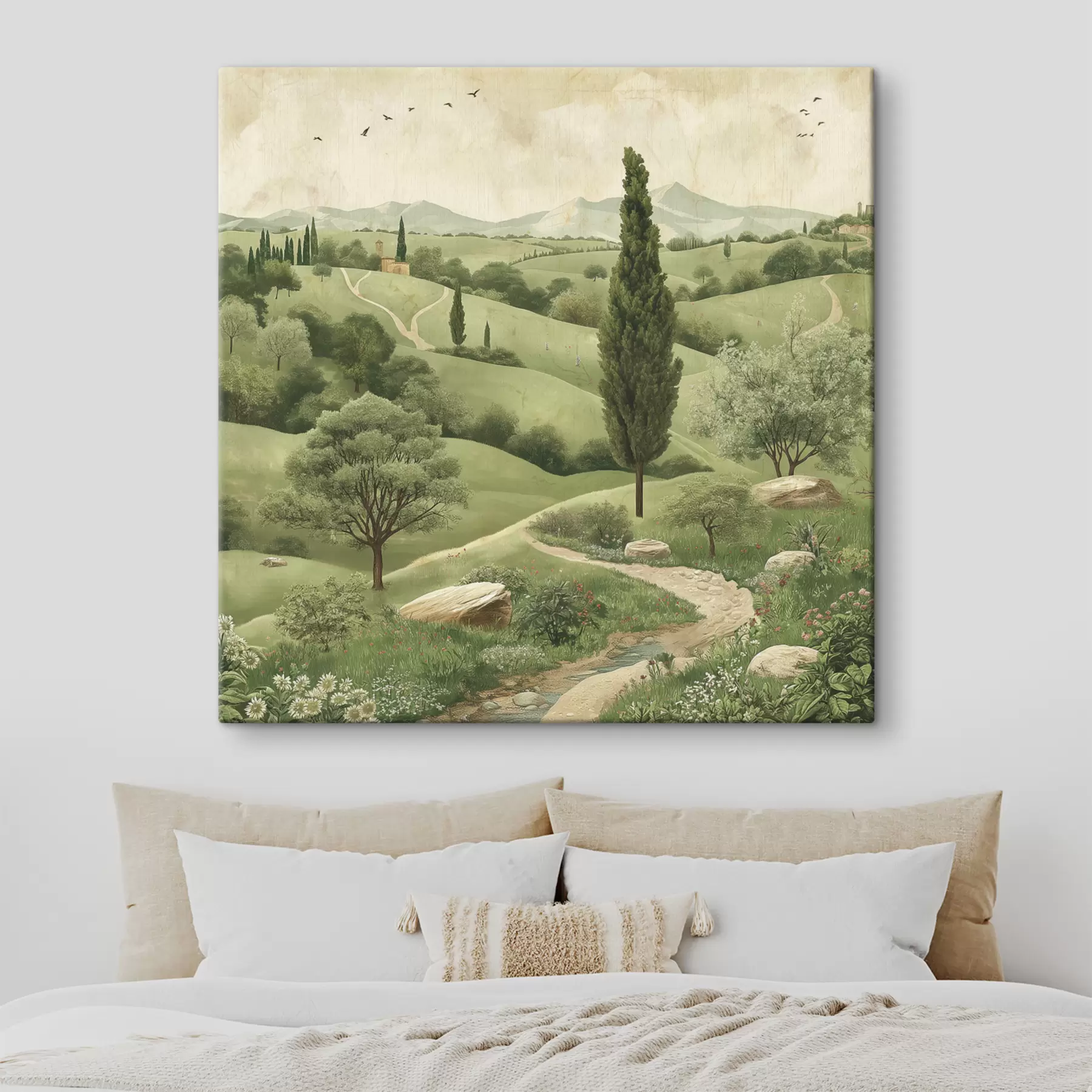 carta da parati Paesaggio toscano, stile vintage, colori verde pastello, colline e alberi nr. s40075