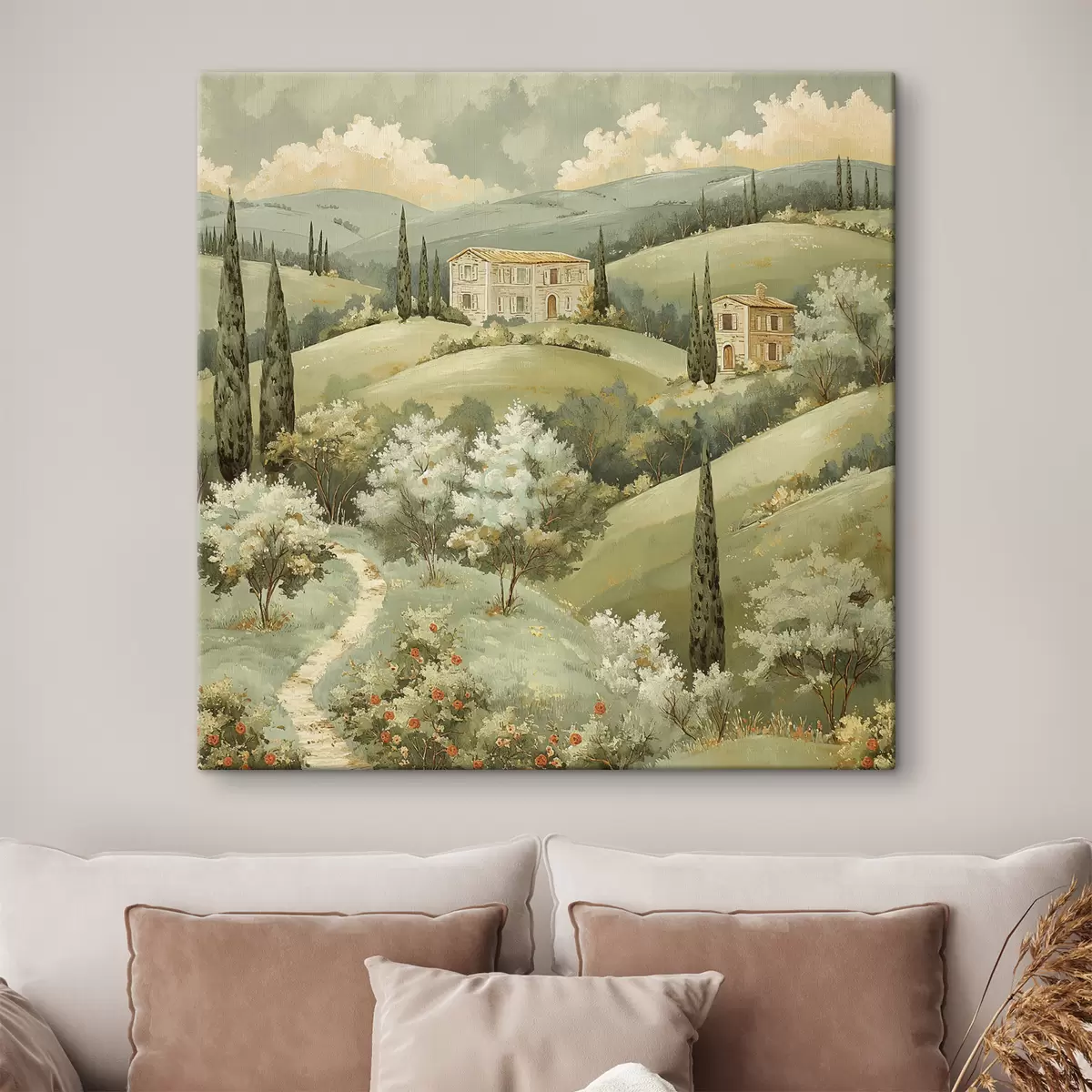 carta da parati Paesaggio con case d'epoca, colori verde pastello, disegno acrilico, estate nr. s40078