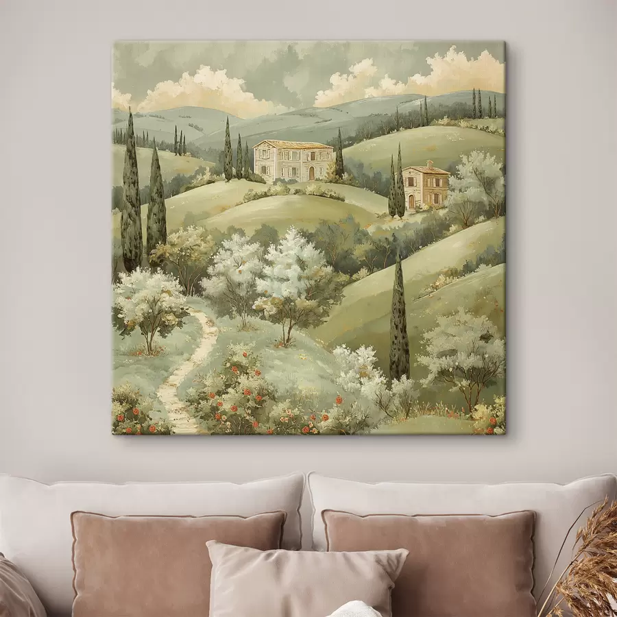 carta da parati Paesaggio con case d'epoca, colori verde pastello, disegno acrilico, estate nr. s40078