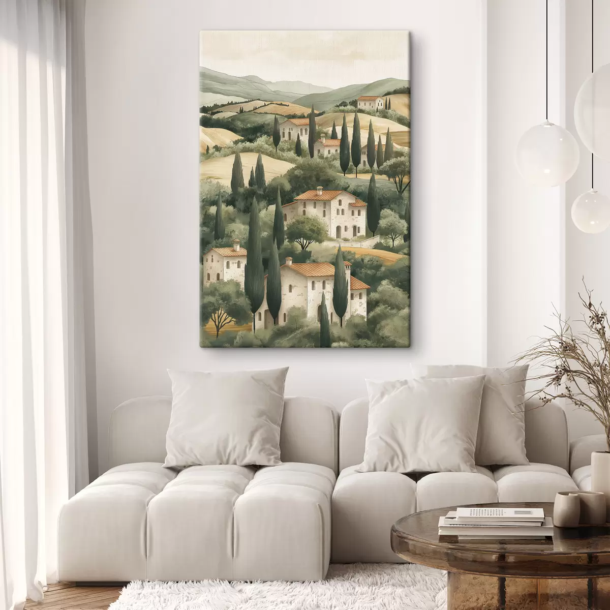 carta da parati Paesaggio toscano con case d'epoca, colori pastello, colline e alberi, rustico nr. s40082