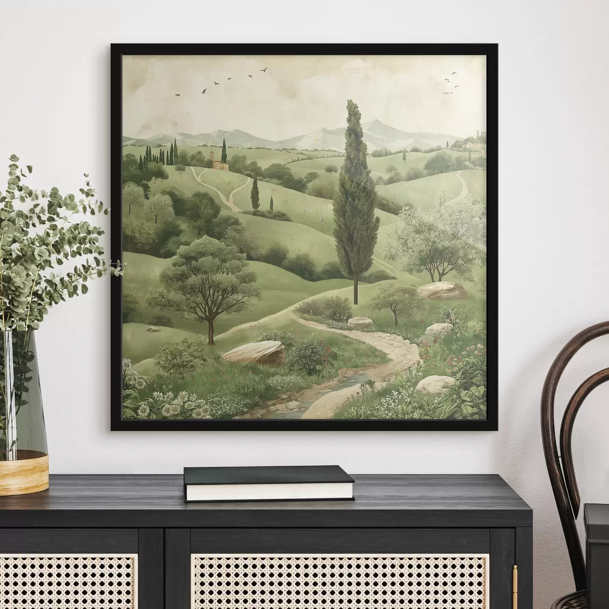 Poster Paesaggio toscano, stile vintage, colori verde pastello, colline e alberi f40075