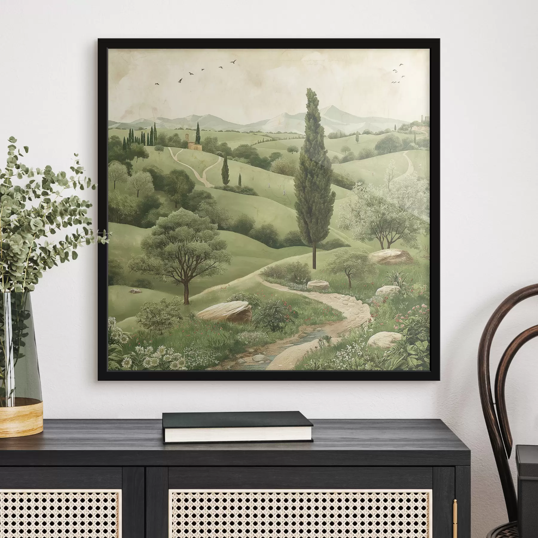 carta da parati Paesaggio toscano, stile vintage, colori verde pastello, colline e alberi nr. f40075