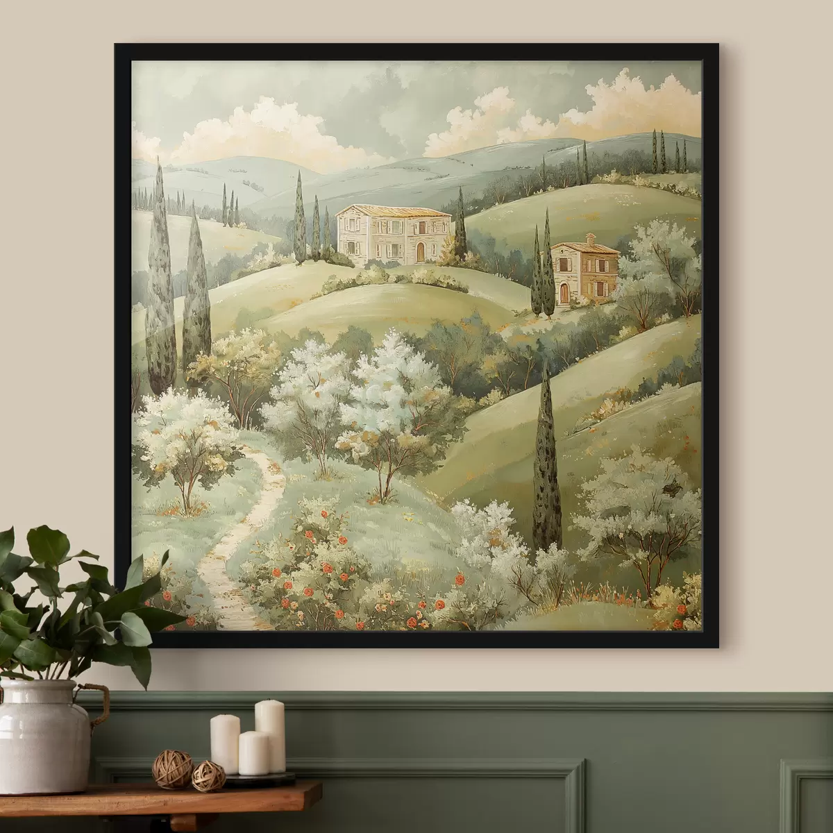 Poster Paesaggio con case d'epoca, colori verde pastello, disegno acrilico, estate f40078