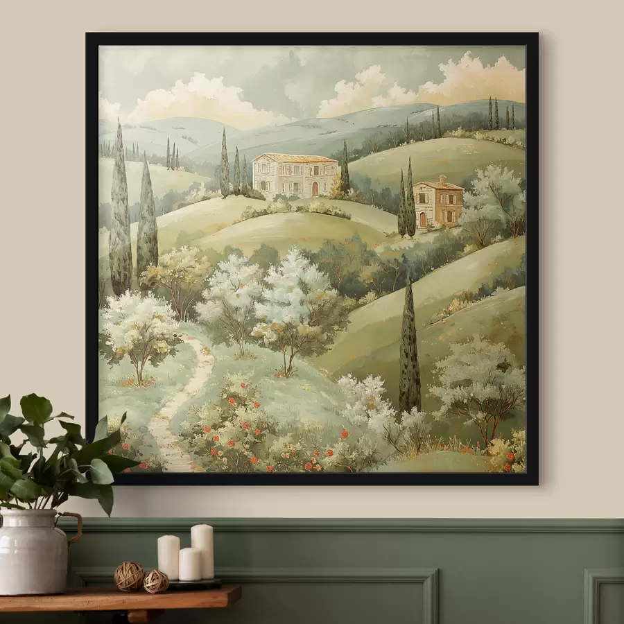 carta da parati Paesaggio con case d'epoca, colori verde pastello, disegno acrilico, estate nr. f40078