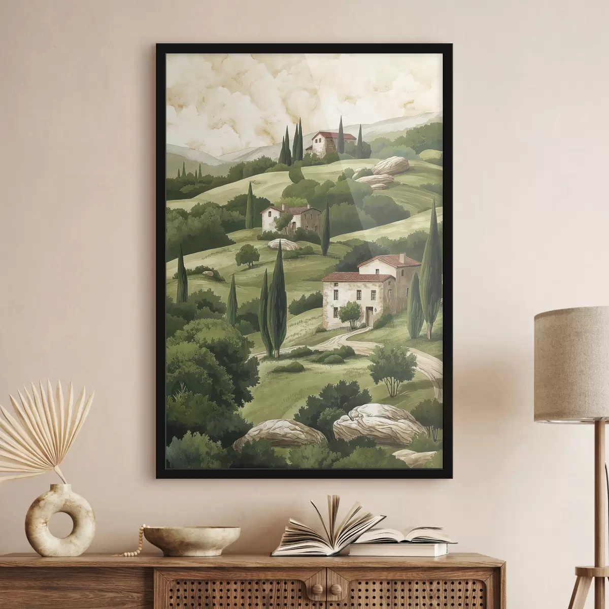 Poster Paesaggio con case d'epoca, colori verde pastello, disegno acrilico, rustico f40080