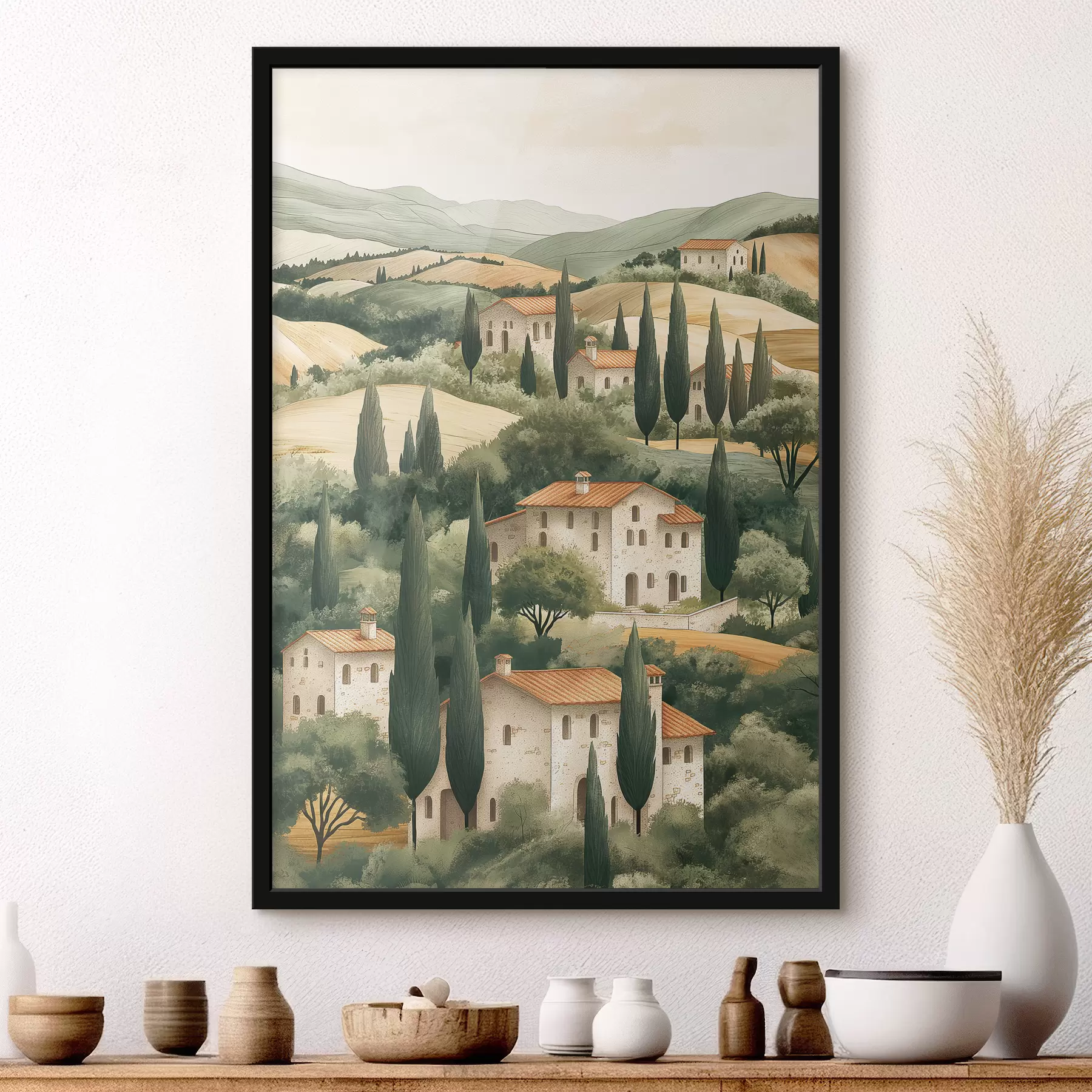 carta da parati Paesaggio toscano con case d'epoca, colori pastello, colline e alberi, rustico nr. f40082