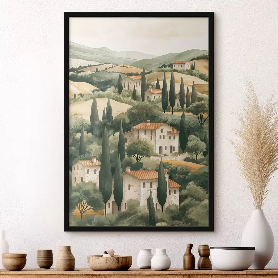carta da parati Paesaggio toscano con case d'epoca, colori pastello, colline e alberi, rustico nr. f40082