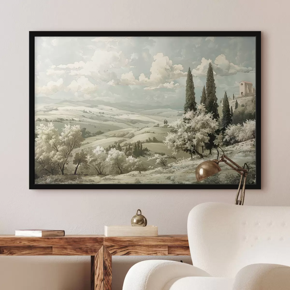 Poster Paesaggio estivo, stile vintage, colori pastello, disegno acrilico, castello f40084