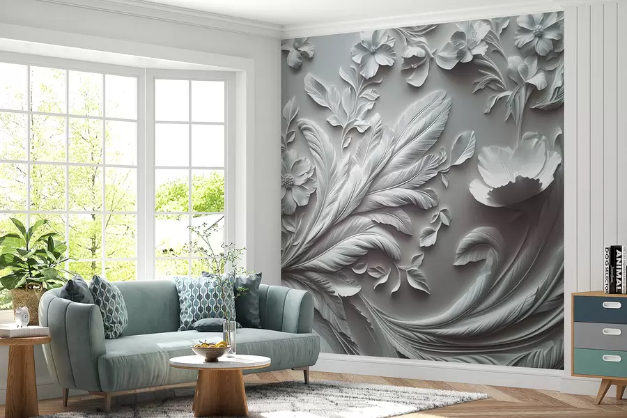 Carta da parati 3D Fiori Squisiti fiori e foglie in rilievo nei toni del grigio n. w01356v2