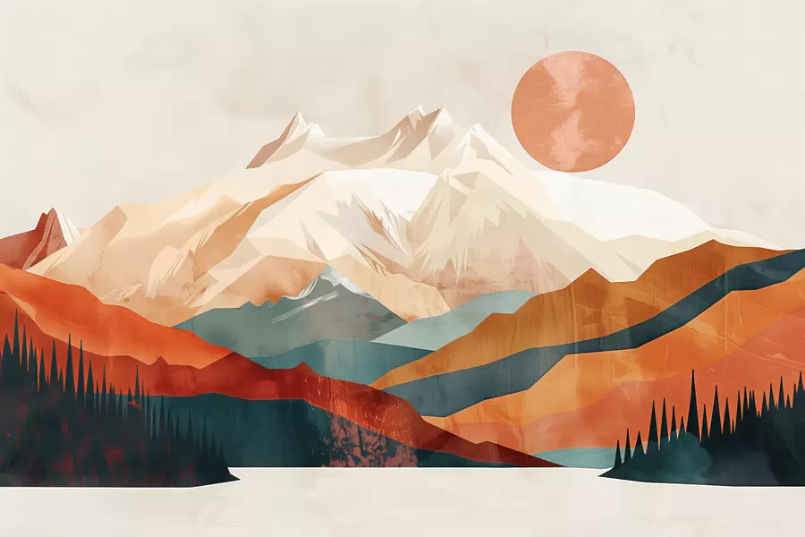 carta da parati Boho bliss: un paesaggio sereno di montagne, alberi e sole nr. w01358