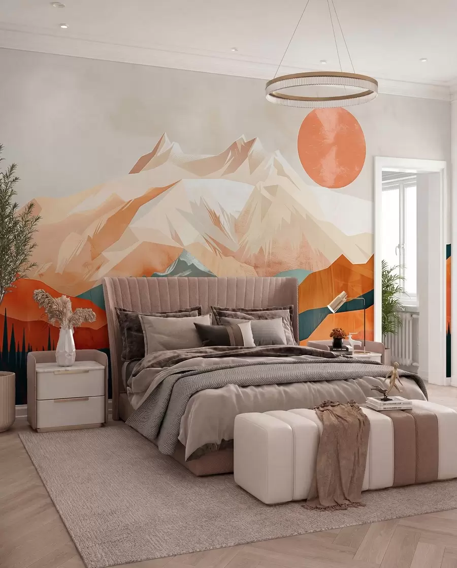 carta da parati Boho bliss: un paesaggio sereno di montagne, alberi e sole nr. w01358