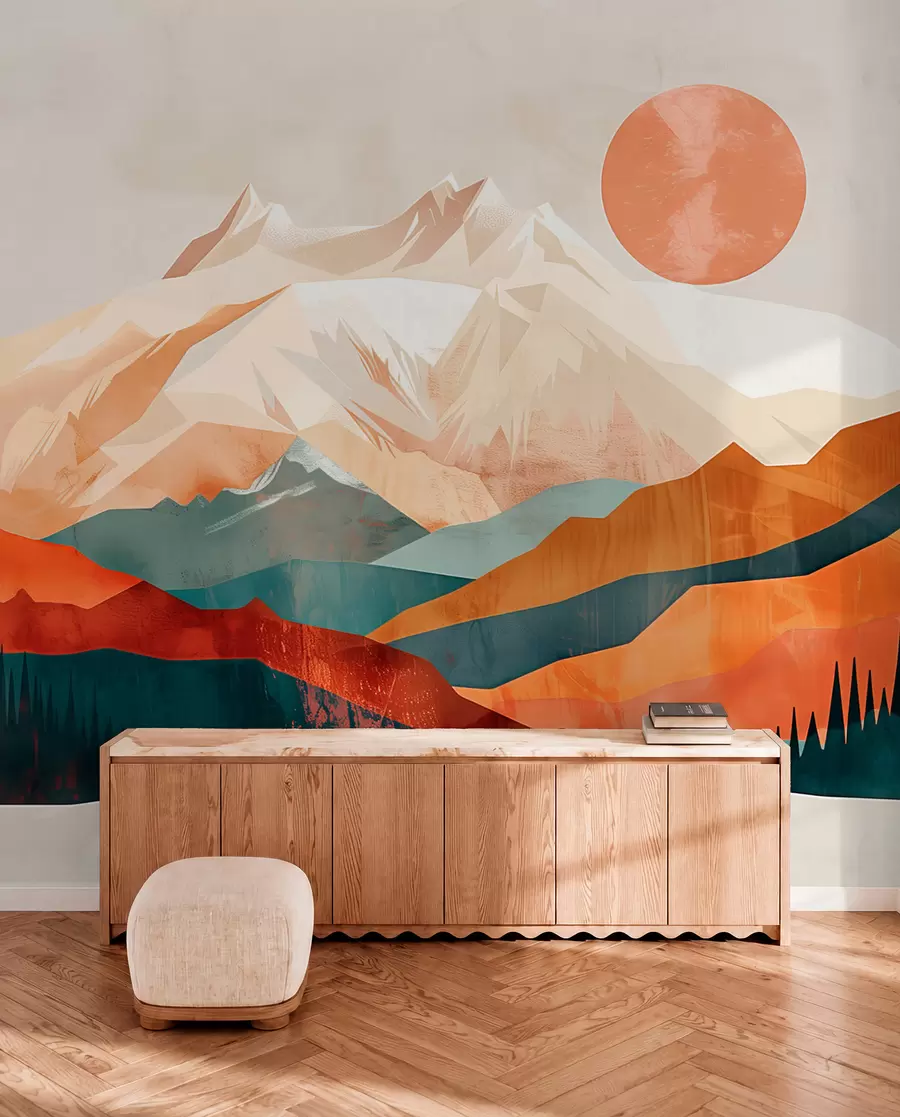 carta da parati Boho bliss: un paesaggio sereno di montagne, alberi e sole nr. w01358