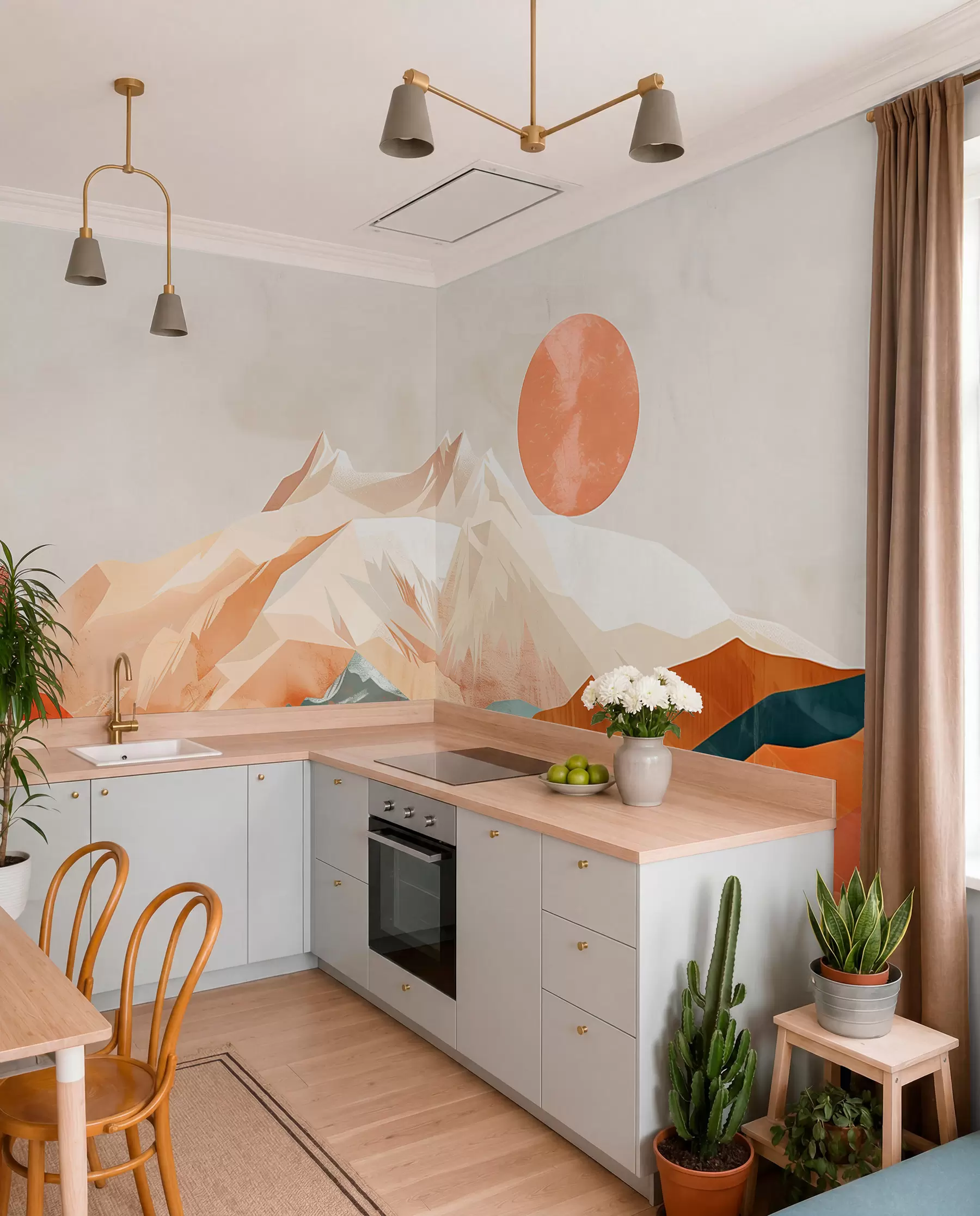 carta da parati Boho bliss: un paesaggio sereno di montagne, alberi e sole nr. w01358