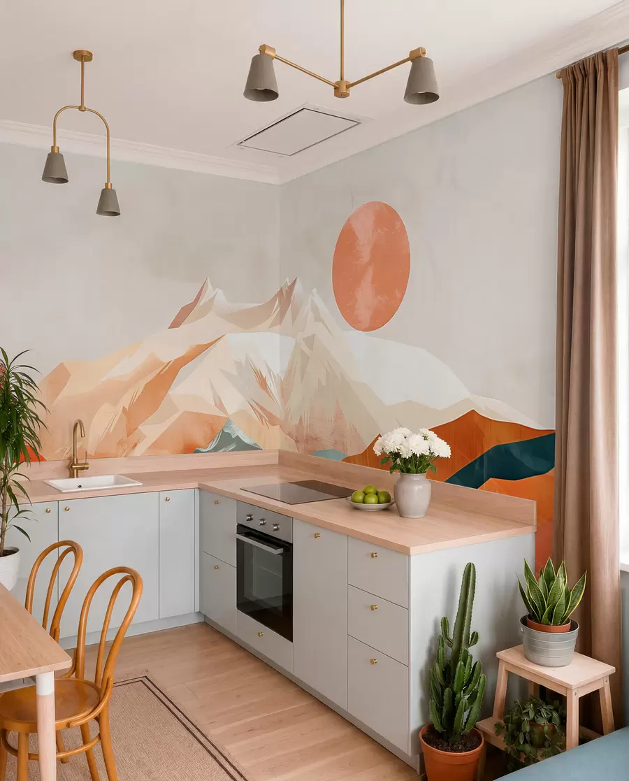 carta da parati Boho bliss: un paesaggio sereno di montagne, alberi e sole nr. w01358