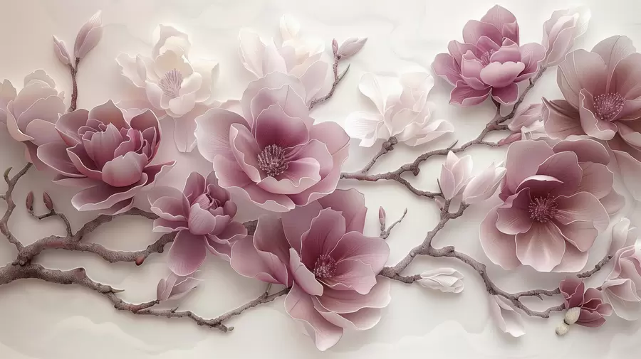 Carta da parati Floreale Fiori di magnolia rosa in rilievo su un grazioso ramo n. w01359v2