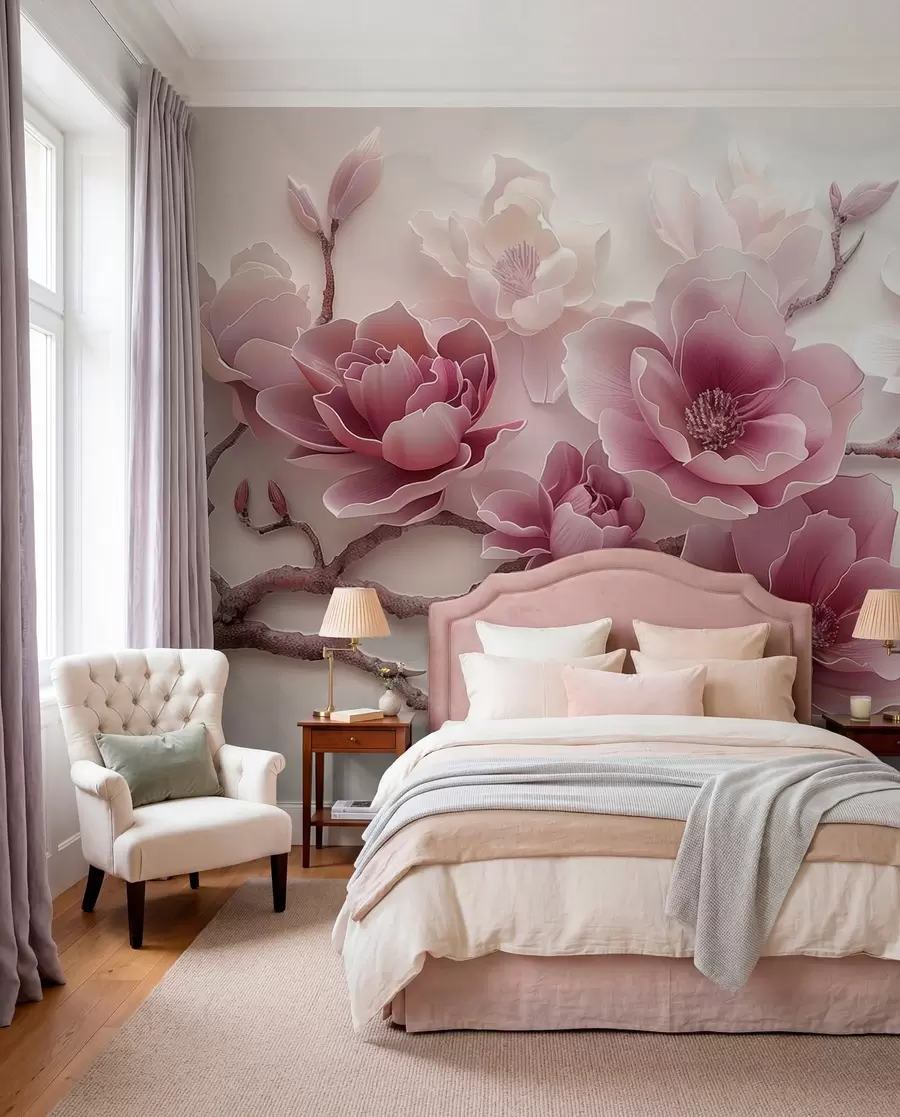 Carta da parati Floreale Fiori di magnolia rosa in rilievo su un grazioso ramo n. w01359v2