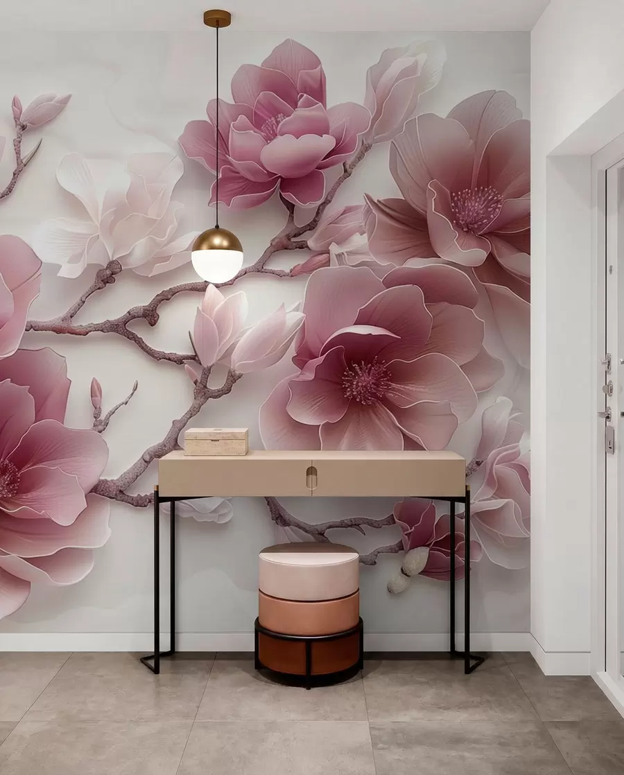 Carta da parati Floreale Fiori di magnolia rosa in rilievo su un grazioso ramo n. w01359v2
