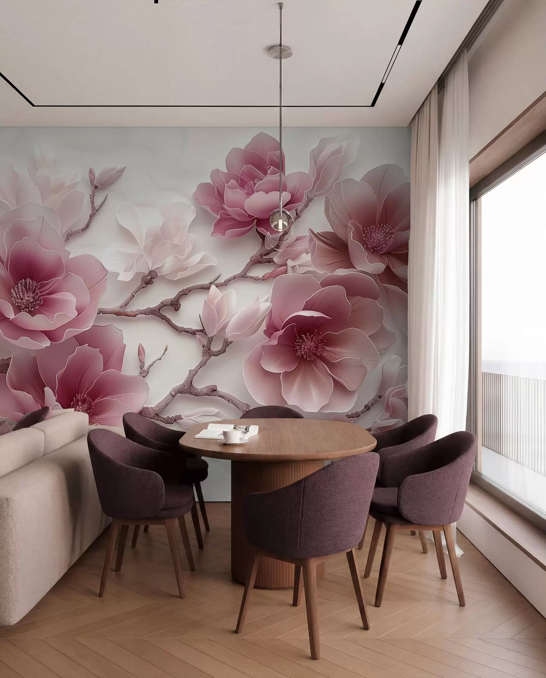Carta da parati Floreale Fiori di magnolia rosa in rilievo su un grazioso ramo n. w01359v2