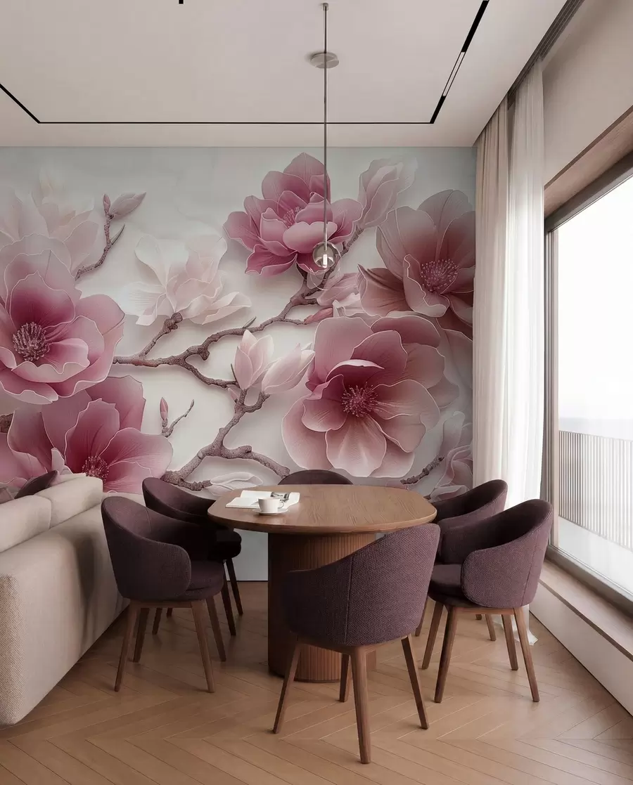 Carta da parati Floreale Fiori di magnolia rosa in rilievo su un grazioso ramo n. w01359v2