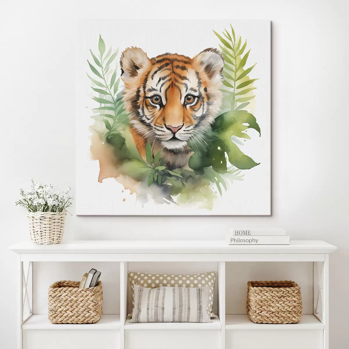 carta da parati Ritratto di una tigre in foglie tropicali acquerello nr. s40090