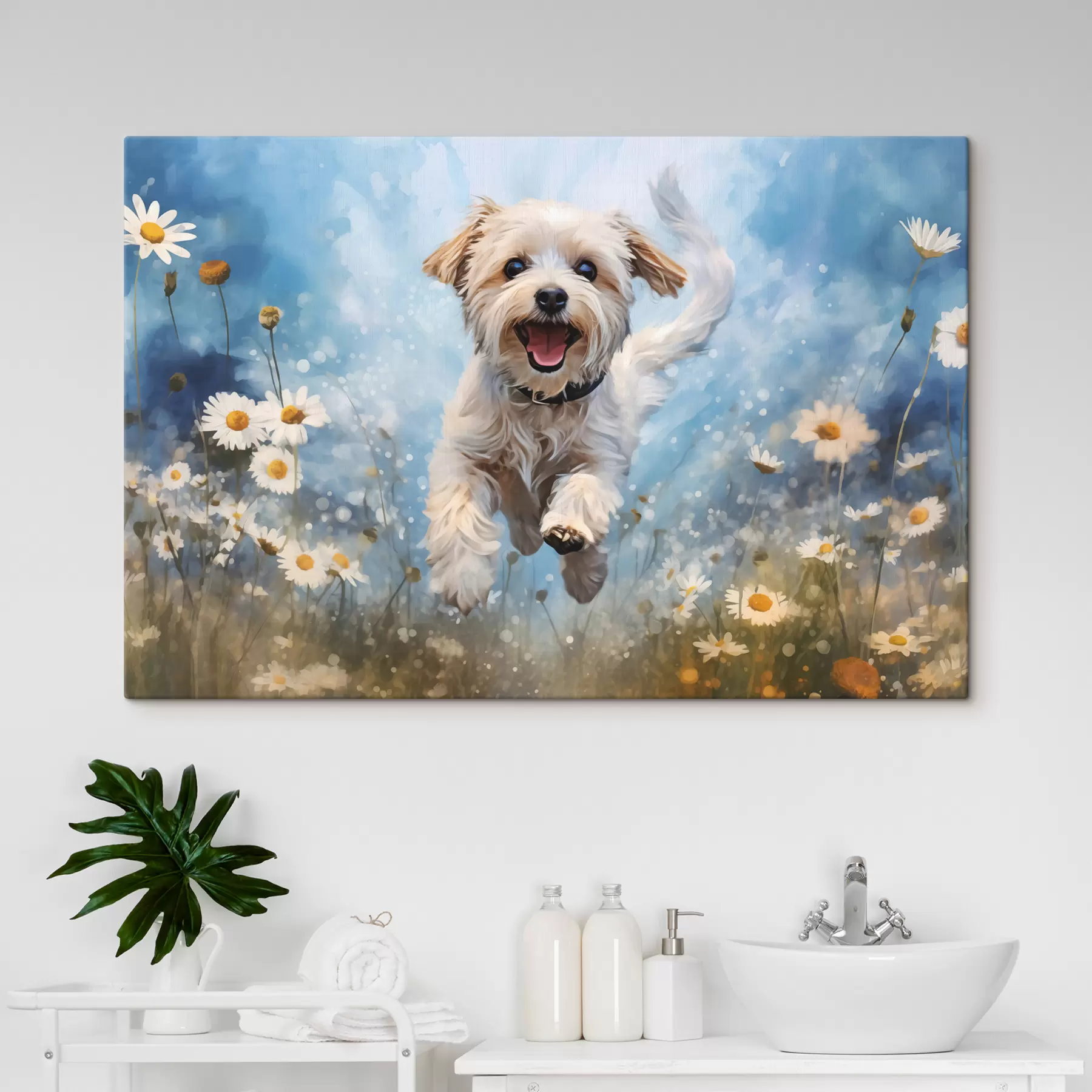 carta da parati Piccolo cane bianco che salta tra le margherite su uno sfondo blu acquerello nr. s40092