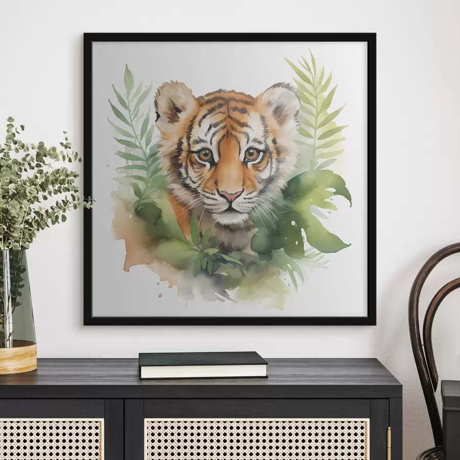 carta da parati Ritratto di tigre in foglie tropicali ad acquerello nr. f40090