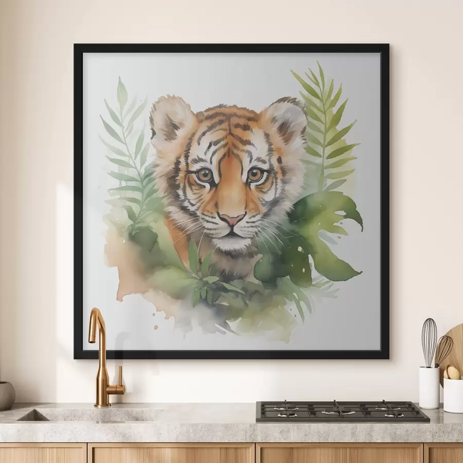 carta da parati Ritratto di tigre in foglie tropicali ad acquerello nr. f40090