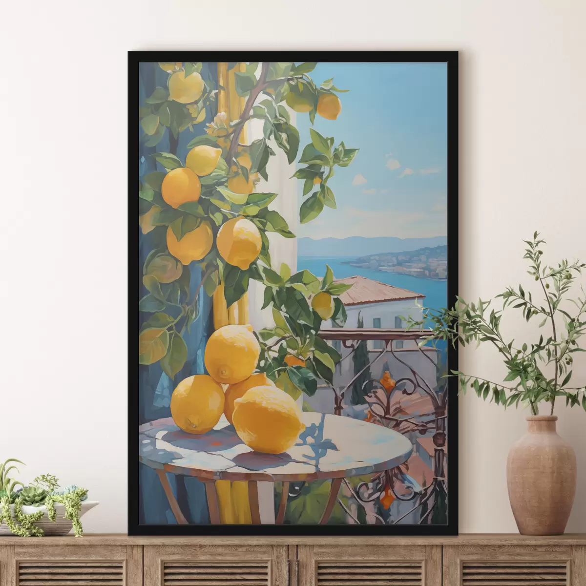 Poster Limoni su albero e tavolo sul balcone dell'hotel con vista mare imitazione pittura a olio f40091