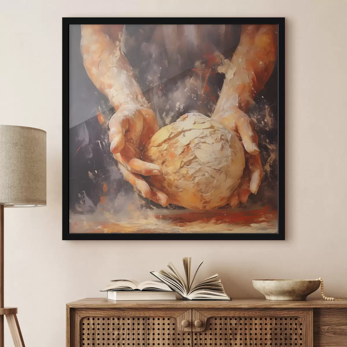 Poster Mani del panettiere che tengono l'impasto, imitazione di un dipinto a olio f40095