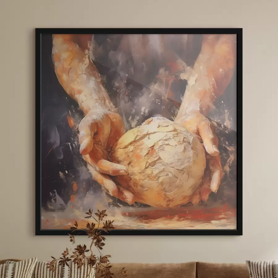 carta da parati Mani del panettiere che tengono l'impasto, imitazione di un dipinto a olio nr. f40095