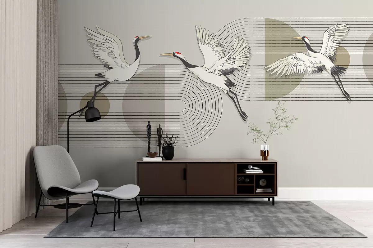 carta da parati Tre gru bianche in volo su uno sfondo geometrico minimalista con cerchi concentrici nr. w08188