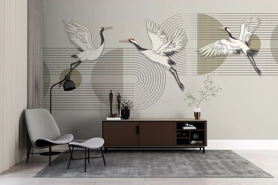 carta da parati Tre gru bianche in volo su uno sfondo geometrico minimalista con cerchi concentrici nr. w08188