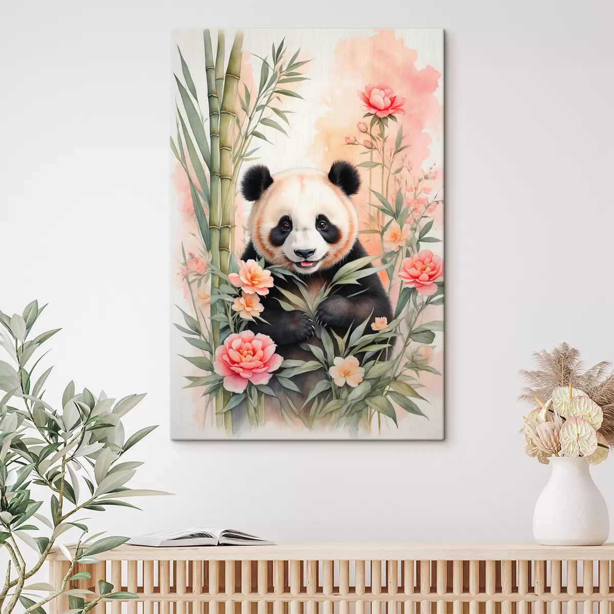 carta da parati Panda con fiori e bambù nr. s40125