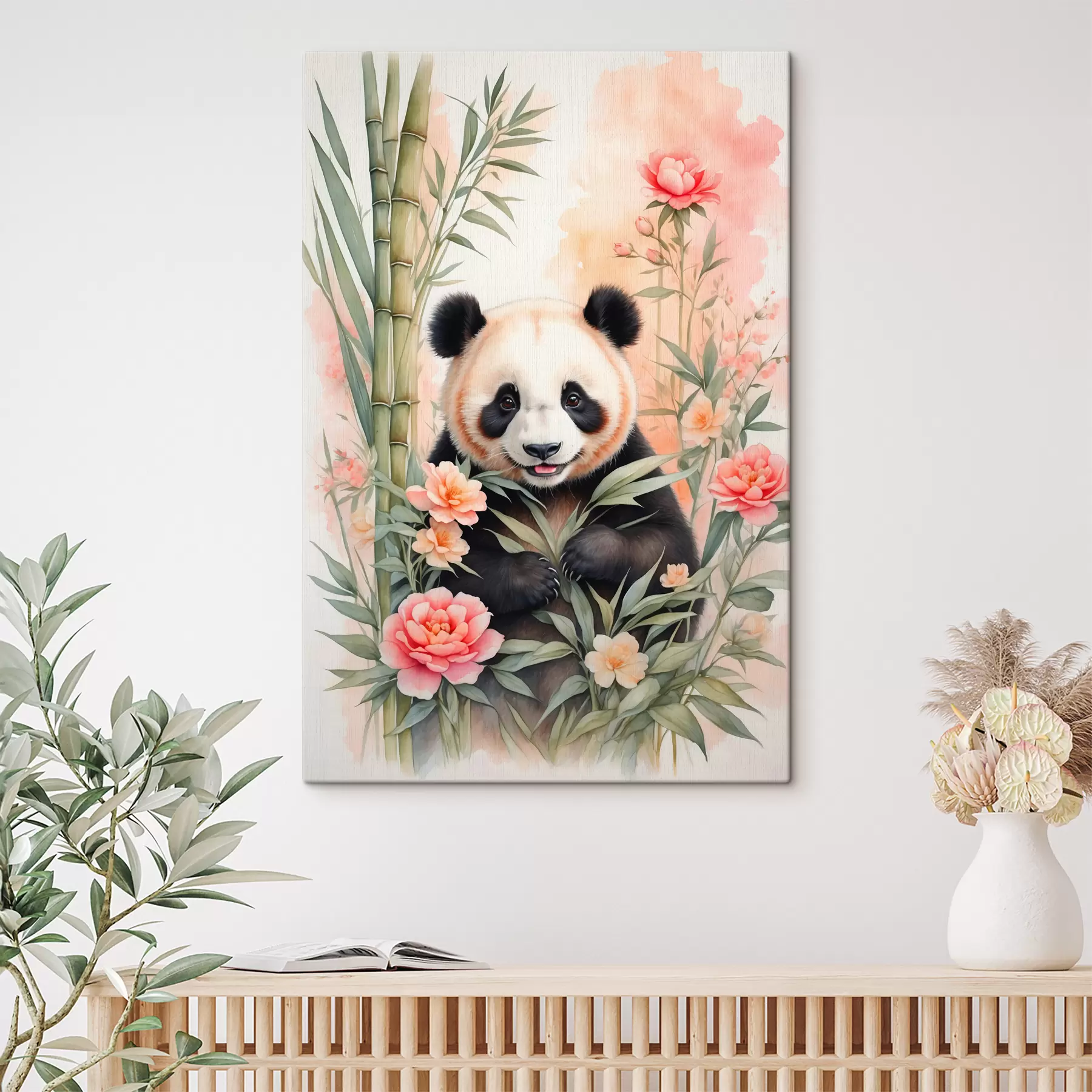 carta da parati Panda con fiori e bambù nr. s40125