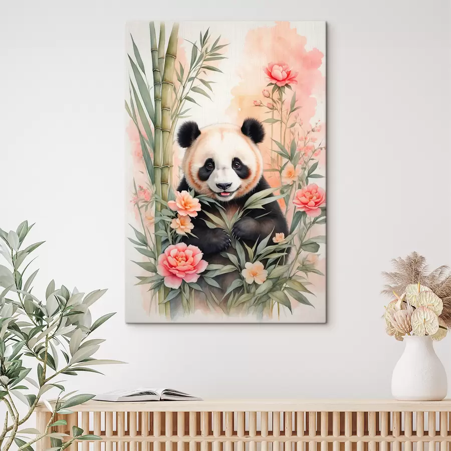 carta da parati Panda con fiori e bambù nr. s40125