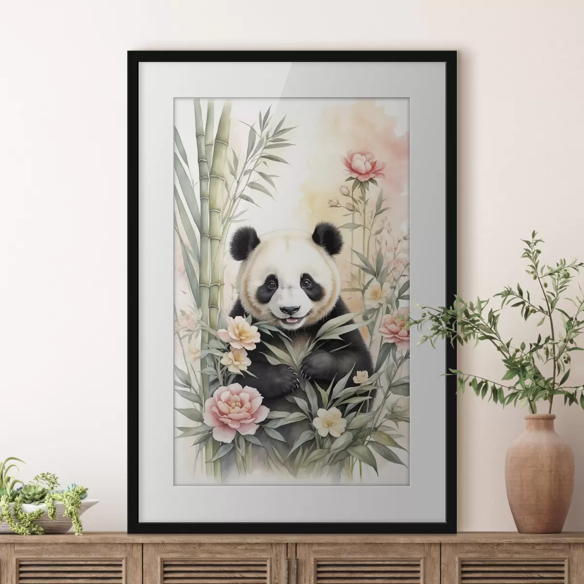 Poster Panda con fiori e bambù f40125