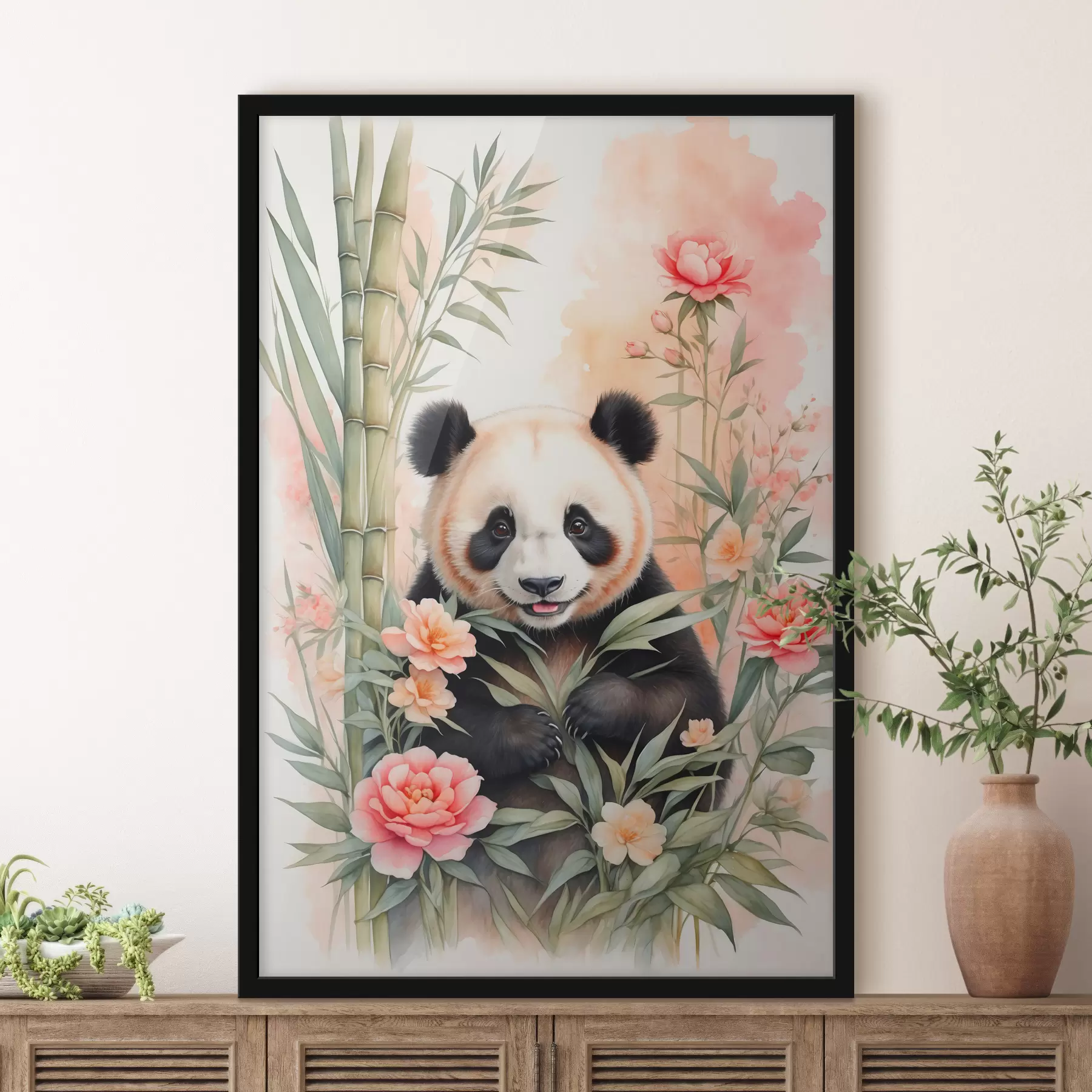carta da parati Panda con fiori e bambù nr. f40125