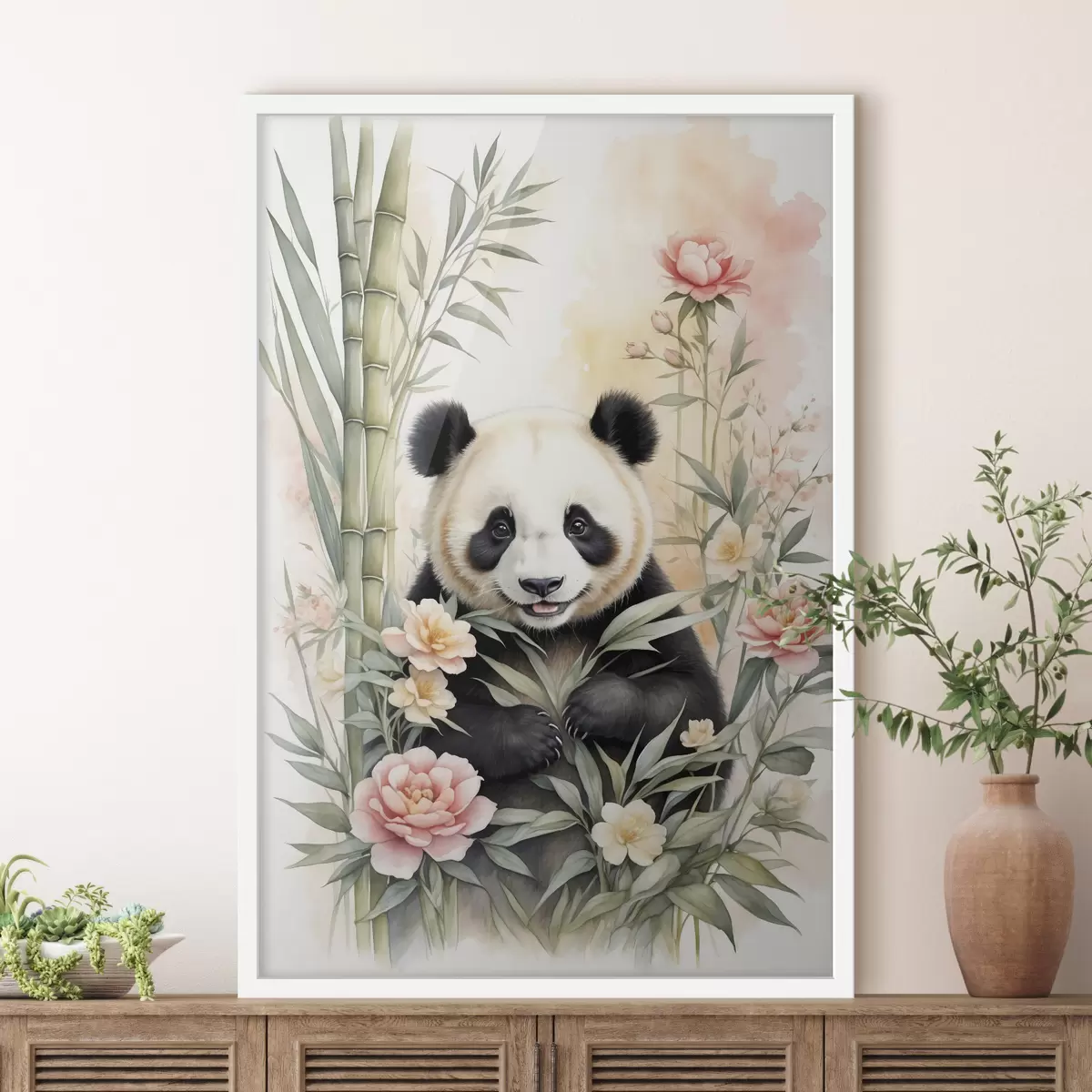 Poster Panda con fiori e bambù f40125