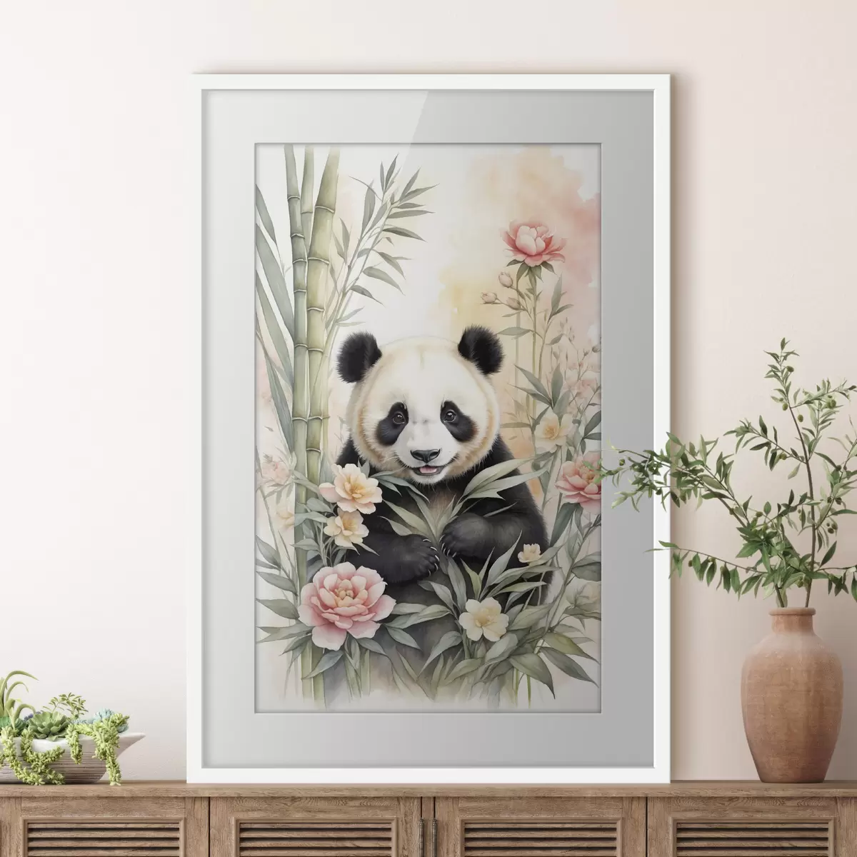 Poster Panda con fiori e bambù f40125