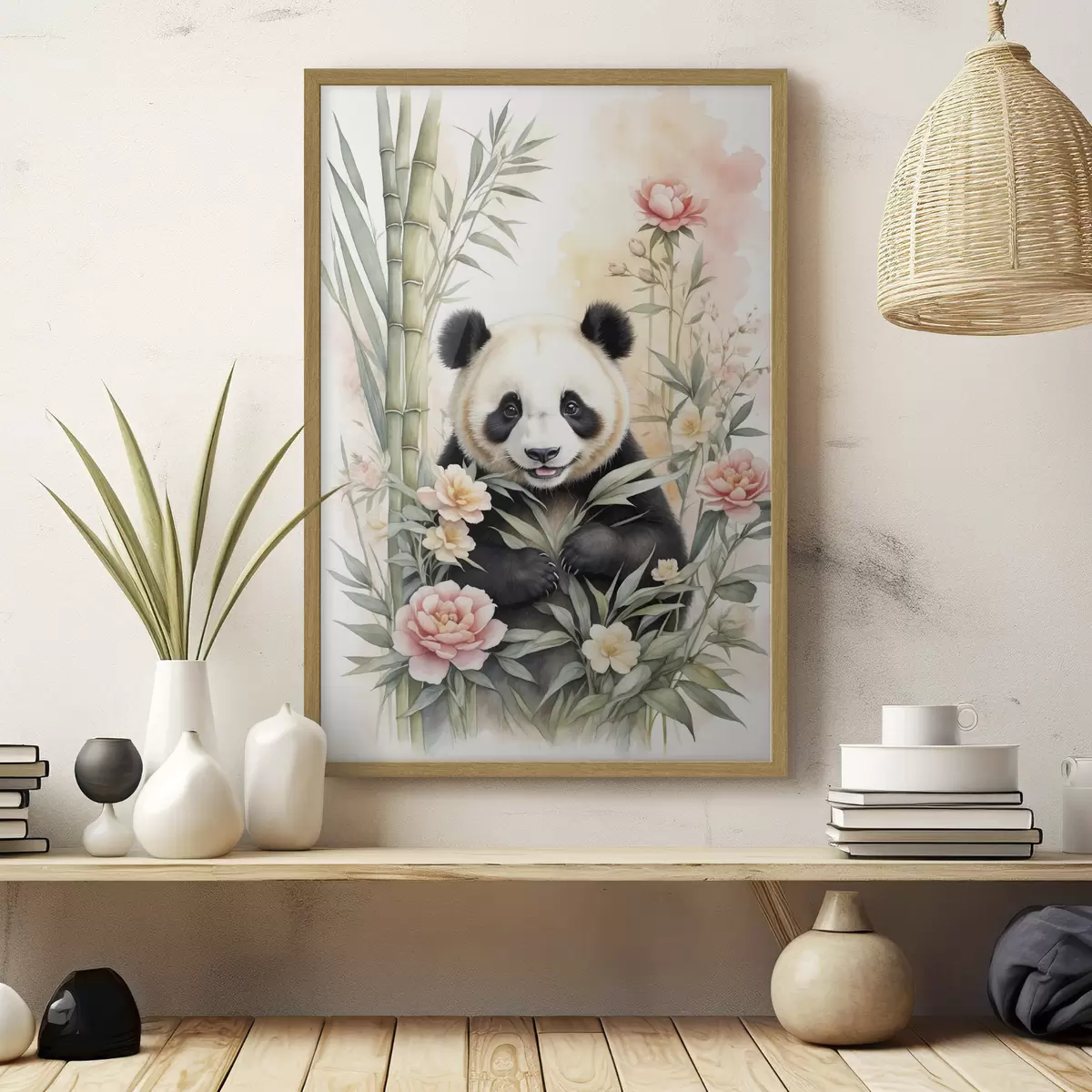 Poster Panda con fiori e bambù f40125