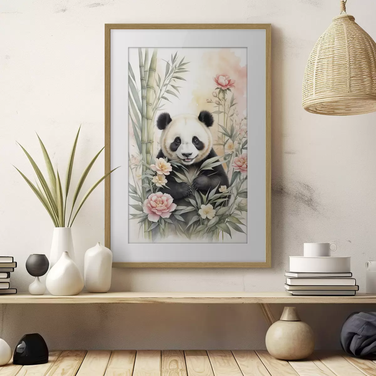 Poster Panda con fiori e bambù f40125